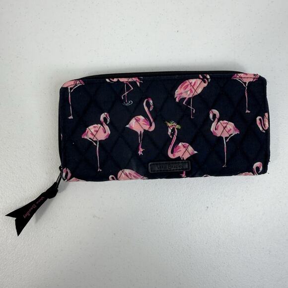 Vera Bradley Flamingo Fiesta Quilted Zip Around Wallet RFID Navy Pink Birds - Picture 2 of 14